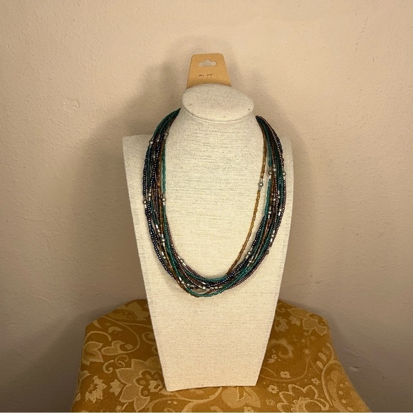 BEADED LAYERED NECKLACE GREEN EARTH TONES SILVER BROWN - Picture 7 of 7